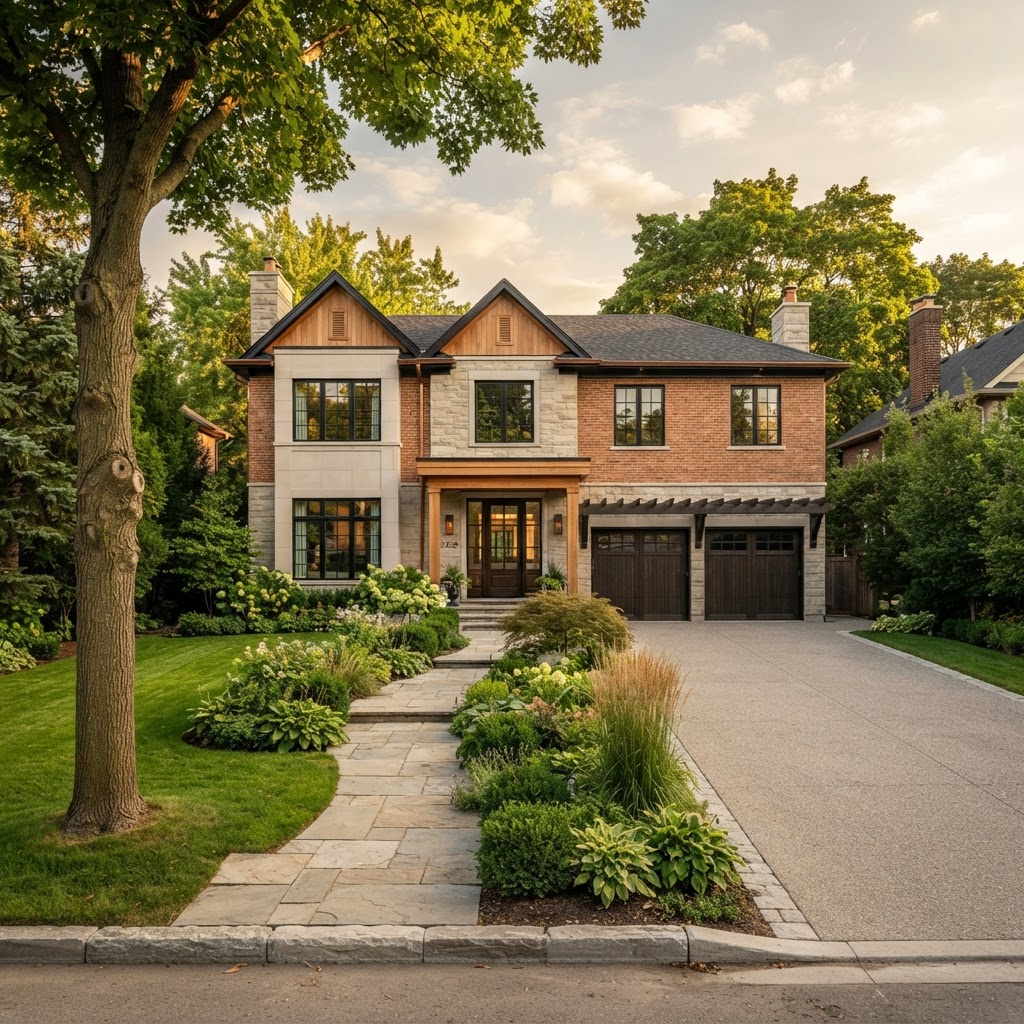 Newly built modern detached home with limestone and warm brick exterior