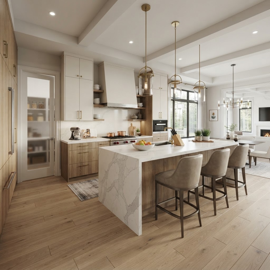 Modern chef kitchen with oak cabinetry and quartz island