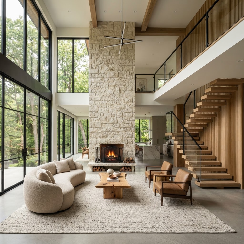 Modern double-height great room with limestone fireplace and oak details