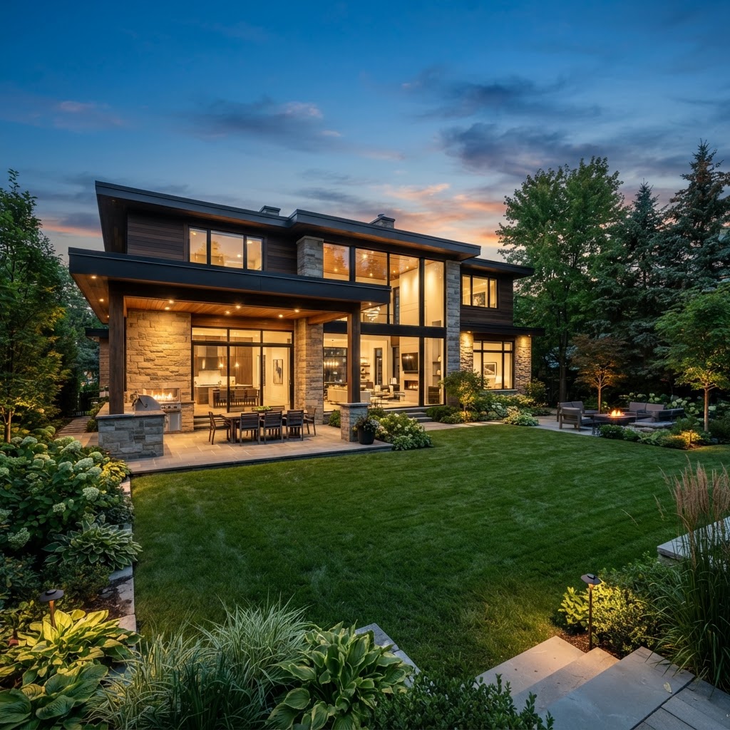 Modern detached home opening to a landscaped backyard and covered terrace