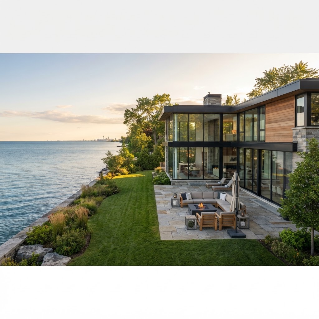 Contemporary Lake Ontario waterfront home and landscaped backyard